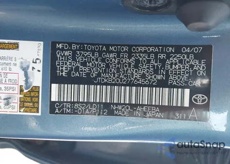 2007 Toyota Prius from USA, damaged, VIN JTDKB20U277645672